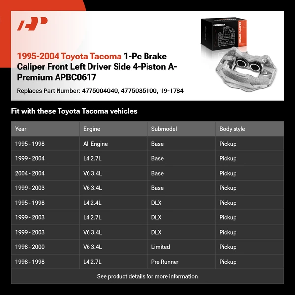 1995-2004 Toyota Tacoma 1-Pc Brake Caliper Front Left Driver Side 4-Piston A-Premium APBC0617