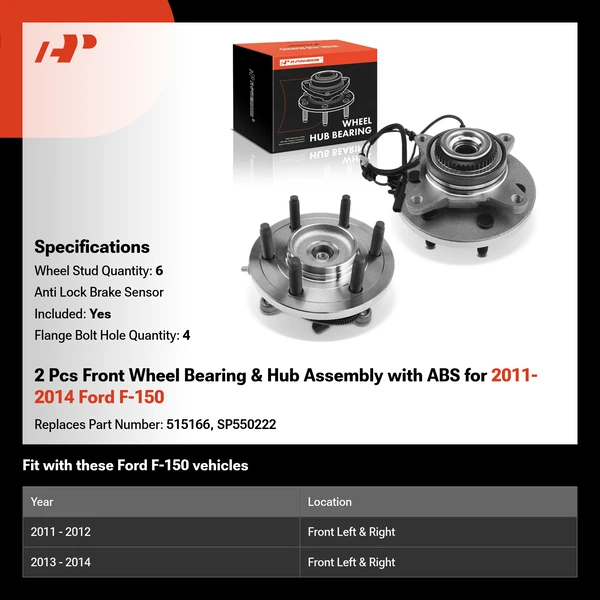 2 Pcs Front Wheel Bearing & Hub Assembly with ABS for 2011-2014 Ford F-150