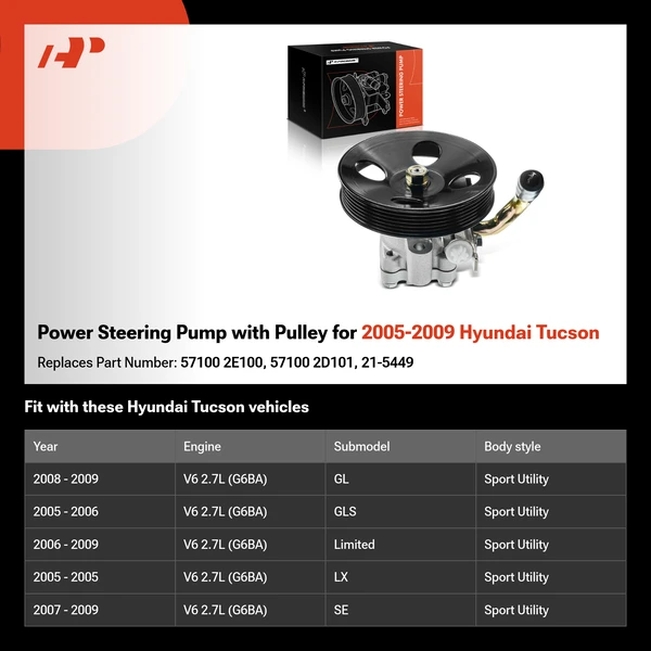 Power Steering Pump with Pulley for 2005-2009 Hyundai Tucson