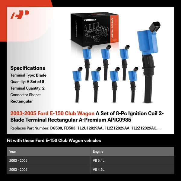 2003-2005 Ford E-150 Club Wagon A Set of 8-Pc Ignition Coil 2-Blade Terminal Rectangular A-Premium APIC0985