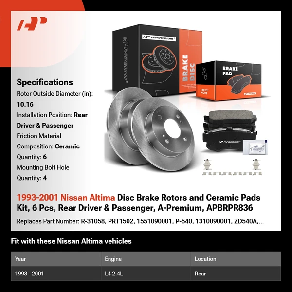 1993-2001 Nissan Altima Disc Brake Rotors and Ceramic Pads Kit, 6 Pcs, Rear Driver & Passenger, A-Premium, APBRPR836