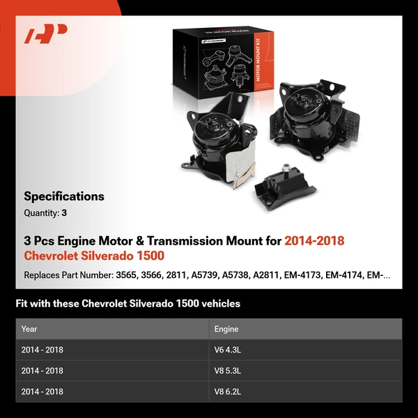 3 Pcs Engine Motor & Transmission Mount for 2014-2018 Chevrolet Silverado 1500