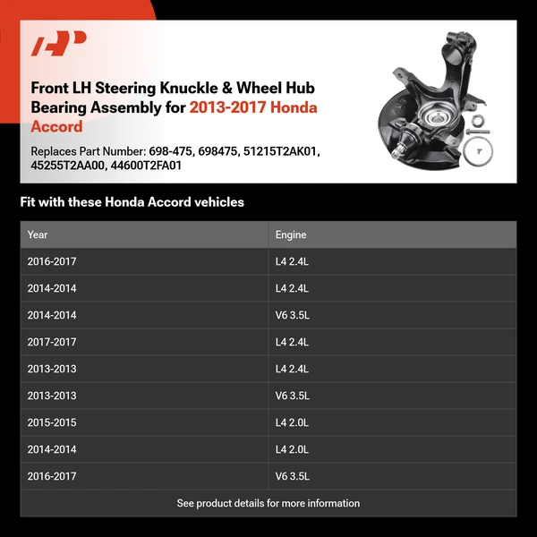Front LH Steering Knuckle & Wheel Hub Bearing Assembly for 2013-2017 Honda Accord