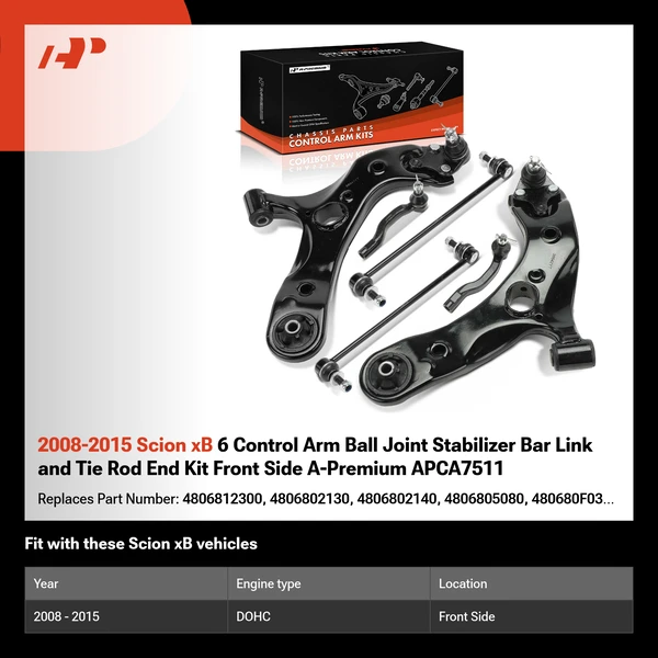 2008-2015 Scion xB 6 Control Arm Ball Joint Stabilizer Bar Link and Tie Rod End Kit Front Side A-Premium APCA7511