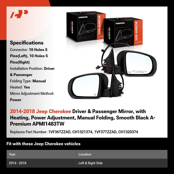 2014-2018 Jeep Cherokee Driver & Passenger Mirror, with Heating, Power Adjustment, Manual Folding, Smooth Black A-Premium APMI1483TW