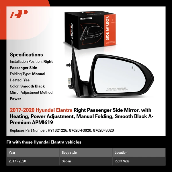2017-2020 Hyundai Elantra Right Passenger Side Mirror, with Heating, Power Adjustment, Manual Folding, Smooth Black A-Premium APMI619