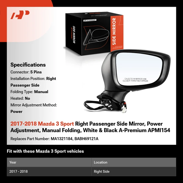 2017-2018 Mazda 3 Sport Right Passenger Side Mirror, Power Adjustment, Manual Folding, White & Black A-Premium APMI154