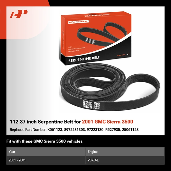 112.37 inch Serpentine Belt for 2001 GMC Sierra 3500
