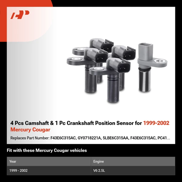 4 Pcs Camshaft & 1 Pc Crankshaft Position Sensor for 1999-2002 Mercury Cougar