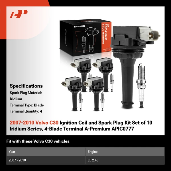 2007-2010 Volvo C30 Ignition Coil and Spark Plug Kit Set of 10 Iridium Series, 4-Blade Terminal A-Premium APIC0777