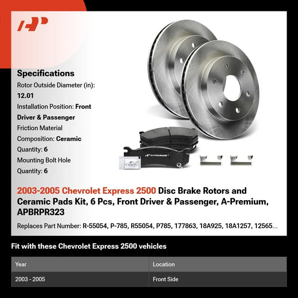 2003-2005 Chevrolet Express 2500 Disc Brake Rotors and Ceramic Pads Kit, 6 Pcs, Front Driver & Passenger, A-Premium, APBRPR323
