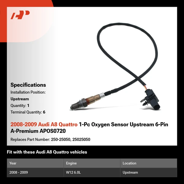 2008-2009 Audi A8 Quattro 1-Pc Oxygen Sensor Upstream 6-Pin A-Premium APOS0720
