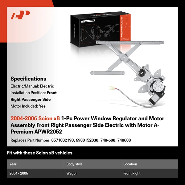 2004-2006 Scion xB 1-Pc Power Window Regulator and Motor Assembly Front Right Passenger Side Electric with Motor A-Premium APWR2052