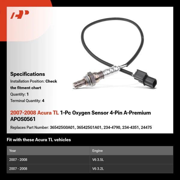 2007-2008 Acura TL 1-Pc Oxygen Sensor 4-Pin A-Premium APOS0561