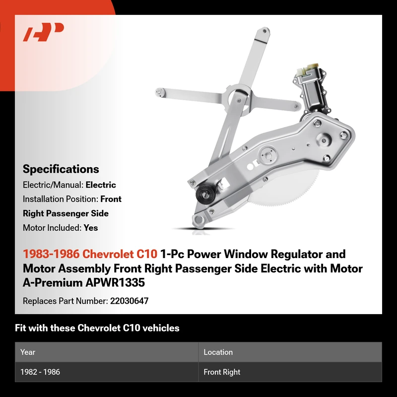 1983-1986 Chevrolet C10 1-Pc Power Window Regulator and Motor Assembly Front Right Passenger Side Electric with Motor A-Premium APWR1335