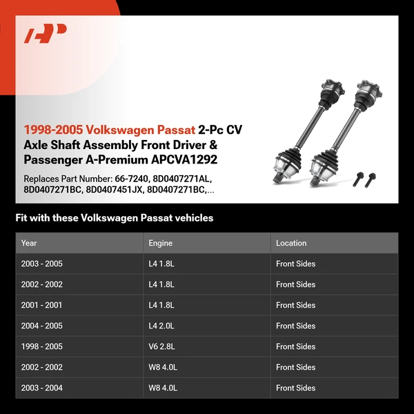 1998-2005 Volkswagen Passat 2-Pc CV Axle Shaft Assembly Front Driver & Passenger A-Premium APCVA1292