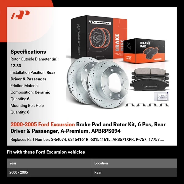 2000-2005 Ford Excursion Brake Pad and Rotor Kit, 6 Pcs, Rear Driver & Passenger, A-Premium, APBRPS094