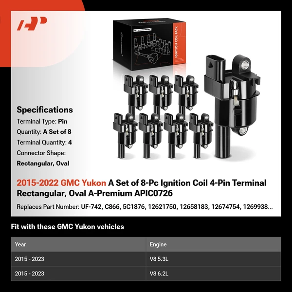 2015-2022 GMC Yukon A Set of 8-Pc Ignition Coil 4-Pin Terminal Rectangular, Oval A-Premium APIC0726