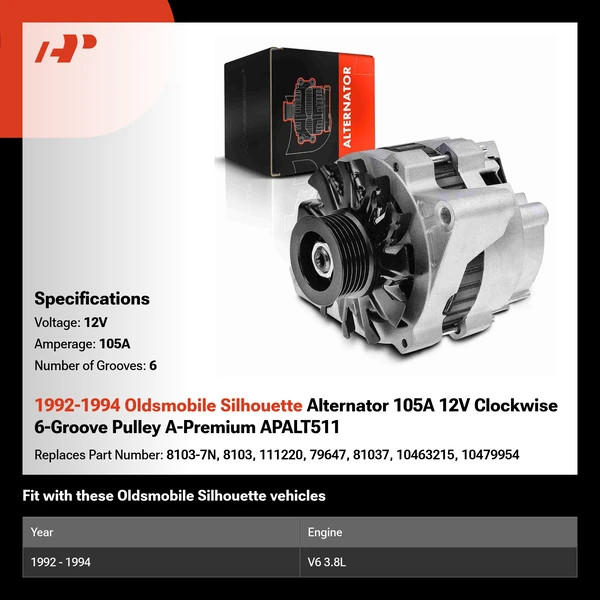 1992-1994 Oldsmobile Silhouette Alternator 105A 12V Clockwise 6-Groove Pulley A-Premium APALT511