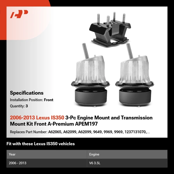 2006-2013 Lexus IS350 3-Pc Engine Mount and Transmission Mount Kit Front A-Premium APEM197