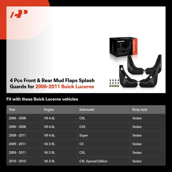 4 Pcs Front & Rear Mud Flaps Splash Guards for 2006-2011 Buick Lucerne