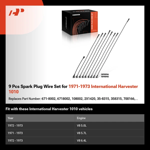 9 Pcs Spark Plug Wire Set for 1971-1973 International Harvester 1010