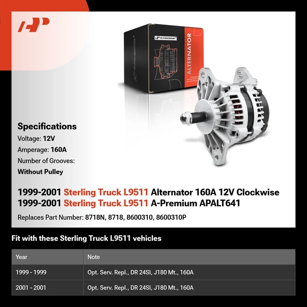1999-2001 Sterling Truck L9511 Alternator 160A 12V Clockwise 1999-2001 Sterling Truck L9511 A-Premium APALT641