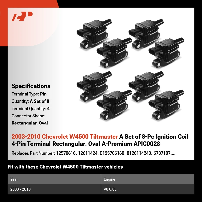 2003-2010 Chevrolet W4500 Tiltmaster A Set of 8-Pc Ignition Coil 4-Pin Terminal Rectangular, Oval A-Premium APIC0028
