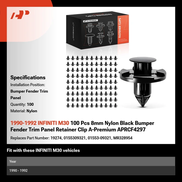 1990-1992 INFINITI M30 100 Pcs 8mm Nylon Black Bumper Fender Trim Panel Retainer Clip A-Premium APRCF4297
