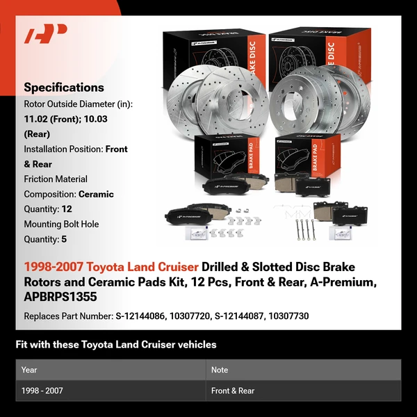 1998-2007 Toyota Land Cruiser Drilled & Slotted Disc Brake Rotors and Ceramic Pads Kit, 12 Pcs, Front & Rear, A-Premium, APBRPS1355