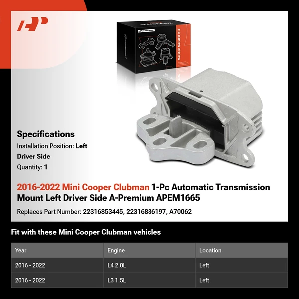 2016-2022 Mini Cooper Clubman 1-Pc Automatic Transmission Mount Left Driver Side A-Premium APEM1665