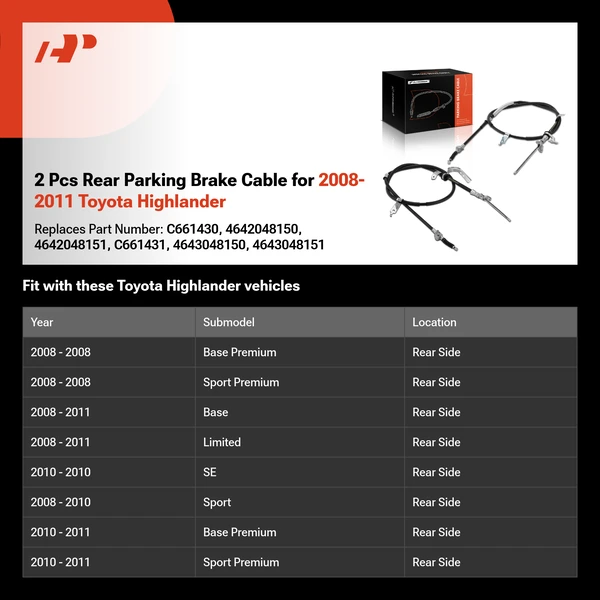 2 Pcs Rear Parking Brake Cable for 2008-2011 Toyota Highlander