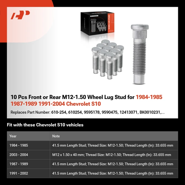 10 Pcs Front or Rear M12-1.50 Wheel Lug Stud for 1984-1985 1987-1989 1991-2004 Chevrolet S10