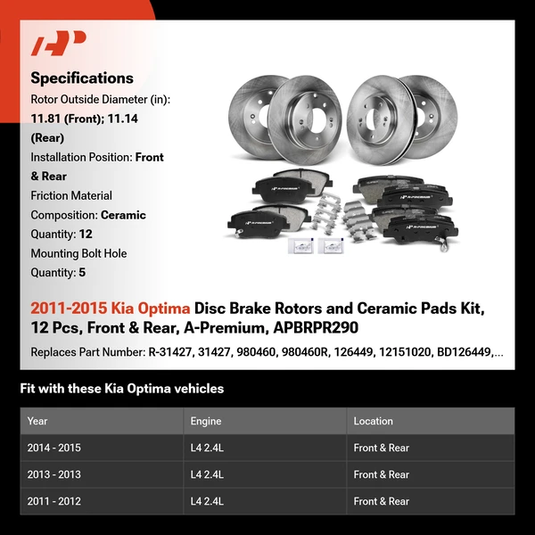 2011-2015 Kia Optima Disc Brake Rotors and Ceramic Pads Kit, 12 Pcs, Front & Rear, A-Premium, APBRPR290