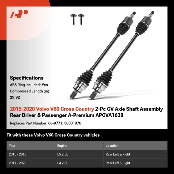 2015-2020 Volvo V60 Cross Country 2-Pc CV Axle Shaft Assembly Rear Driver & Passenger A-Premium APCVA1638