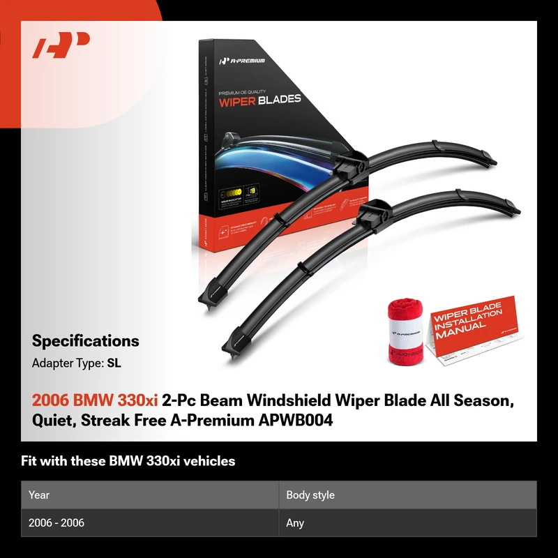 2006 BMW 330xi 2-Pc Beam Windshield Wiper Blade All Season, Quiet, Streak Free A-Premium APWB004