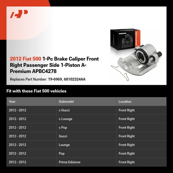 2012 Fiat 500 1-Pc Brake Caliper Front Right Passenger Side 1-Piston A-Premium APBC4278
