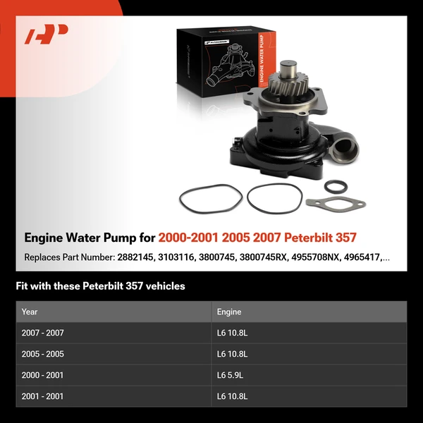 Engine Water Pump for 2000-2001 2005 2007 Peterbilt 357