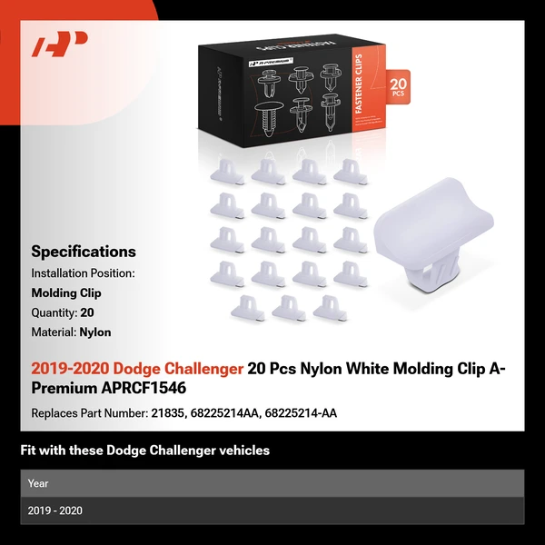 2019-2020 Dodge Challenger 20 Pcs Nylon White Molding Clip A-Premium APRCF1546