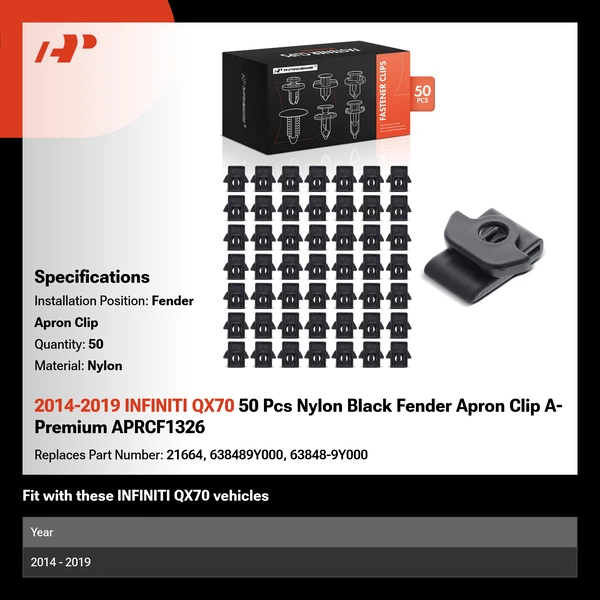2014-2019 INFINITI QX70 50 Pcs Nylon Black Fender Apron Clip A-Premium APRCF1326
