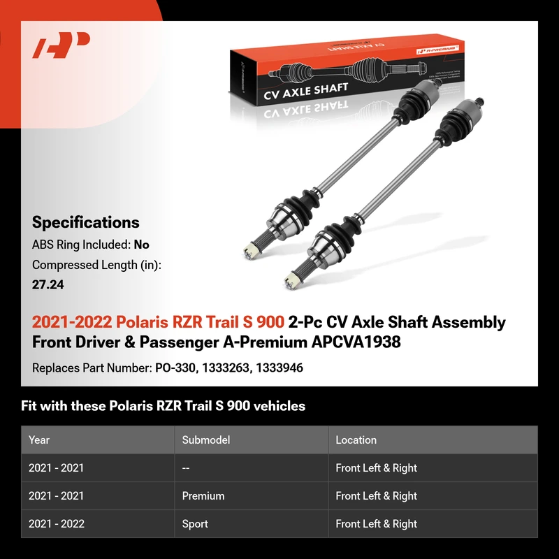 2021-2022 Polaris RZR Trail S 900 2-Pc CV Axle Shaft Assembly Front Driver & Passenger A-Premium APCVA1938