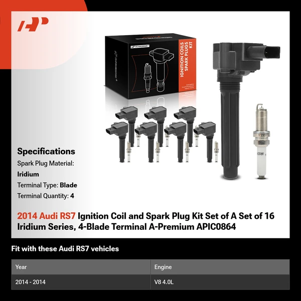 2014 Audi RS7 Ignition Coil and Spark Plug Kit Set of A Set of 16 Iridium Series, 4-Blade Terminal A-Premium APIC0864