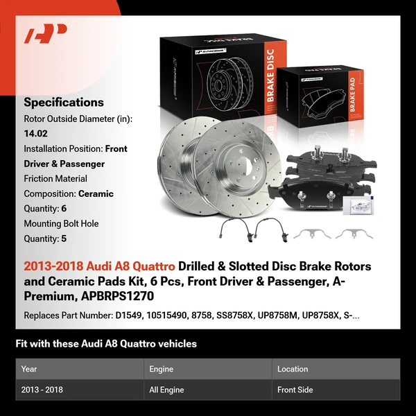 2013-2018 Audi A8 Quattro Drilled & Slotted Disc Brake Rotors and Ceramic Pads Kit, 6 Pcs, Front Driver & Passenger, A-Premium, APBRPS1270