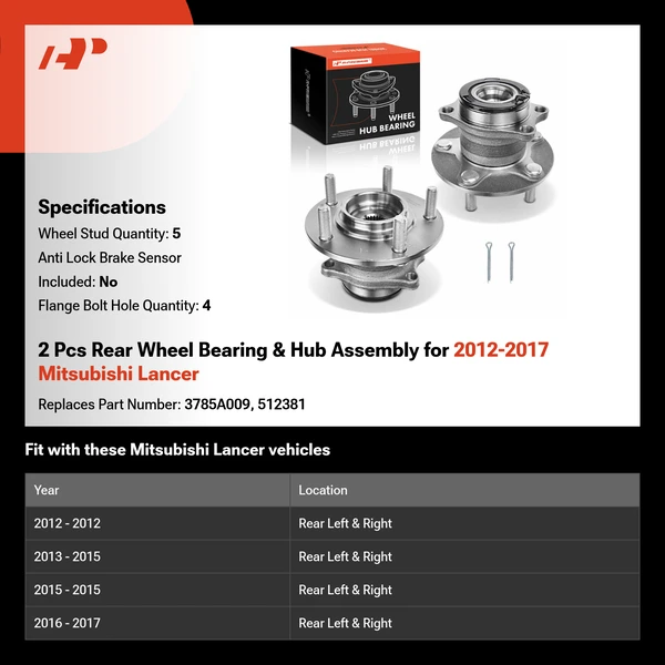 2 Pcs Rear Wheel Bearing & Hub Assembly for 2012-2017 Mitsubishi Lancer