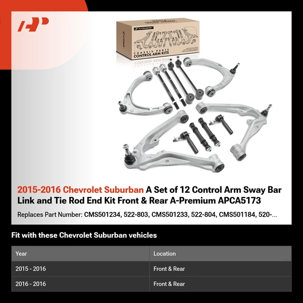 2015-2016 Chevrolet Suburban A Set of 12 Control Arm Sway Bar Link and Tie Rod End Kit Front & Rear A-Premium APCA5173