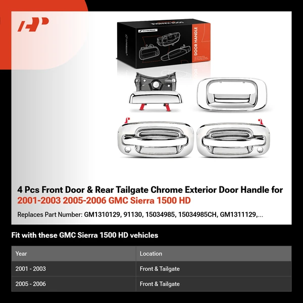 4 Pcs Front Door & Rear Tailgate Chrome Exterior Door Handle  for 2001-2003 2005-2006 GMC Sierra 1500 HD