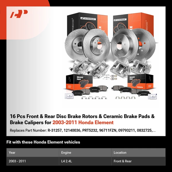 16 Pcs Front & Rear Disc Brake Rotors & Ceramic Brake Pads & Brake Calipers for 2003-2011 Honda Element