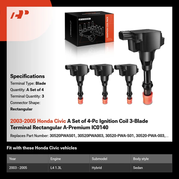 2003-2005 Honda Civic A Set of 4-Pc Ignition Coil 3-Blade Terminal Rectangular A-Premium IC0140