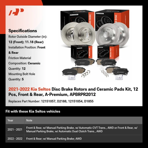 2021-2022 Kia Seltos Disc Brake Rotors and Ceramic Pads Kit, 12 Pcs, Front & Rear, A-Premium, APBRPR2012