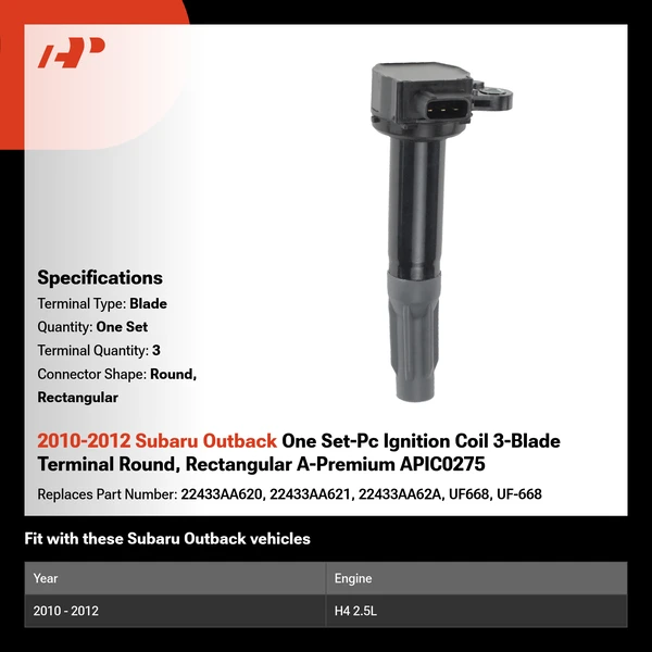 2010-2012 Subaru Outback One Set-Pc Ignition Coil 3-Blade Terminal Round, Rectangular A-Premium APIC0275